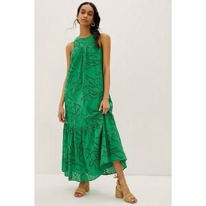 Anthropologie Maeve Belrose Eyelet Maxi Dress Green Cotton Bohemian Size XS